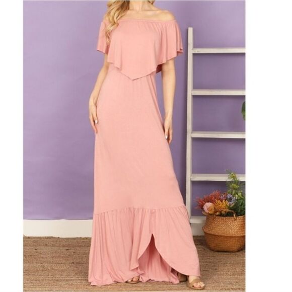 3/$16🎁Elegant Comfort Off Shoulder Maxi Dress sz Medium In Pink - Picture 12 of 13